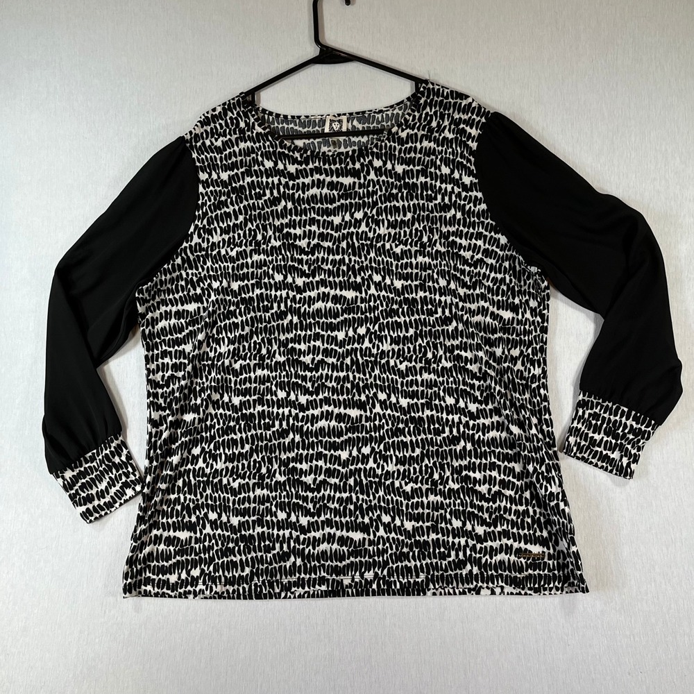 Anne Klein Top Womens XL Black White Abstract Print Long Sleeve Blouse Stretch